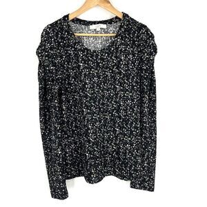 LOFT Top Size Large Black Floral Shirred Puff Long Sleeve Shirt V Neck Stretch